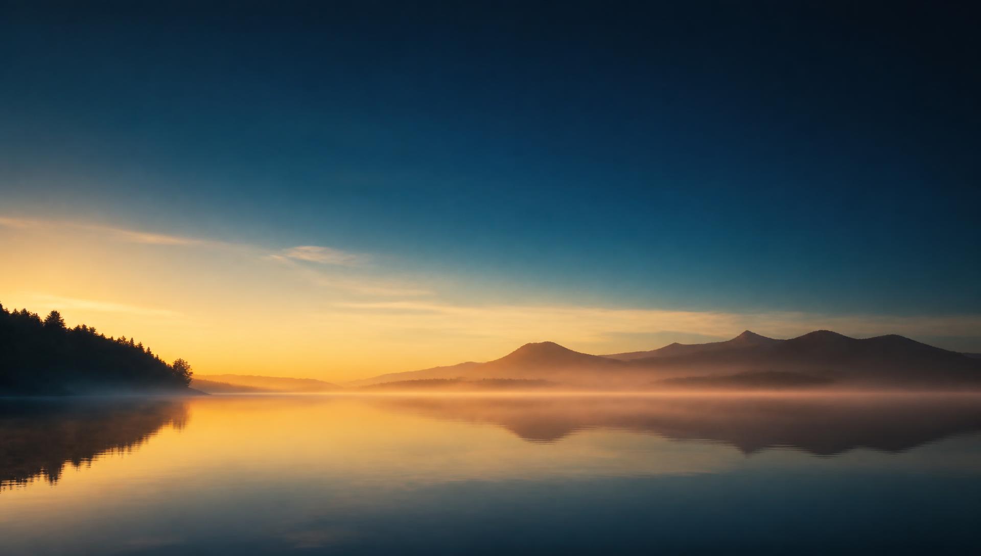 Amanhecer sobre um lago calmo com névoa e montanhas ao fundo