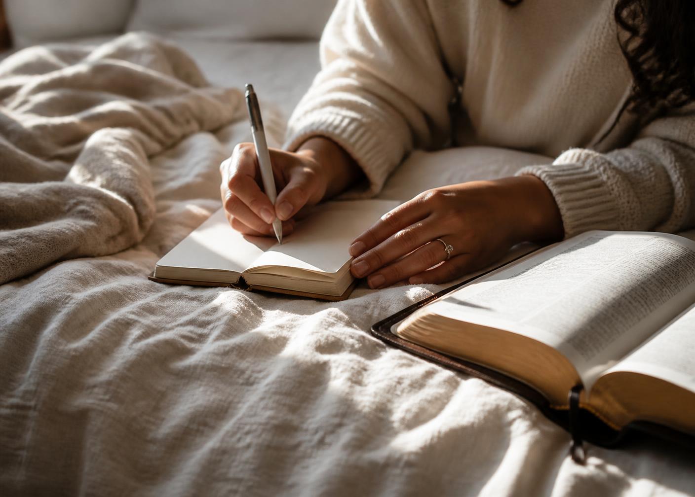 Mãos escrevendo em um caderno ao lado de uma Bíblia aberta, com luz da manhã